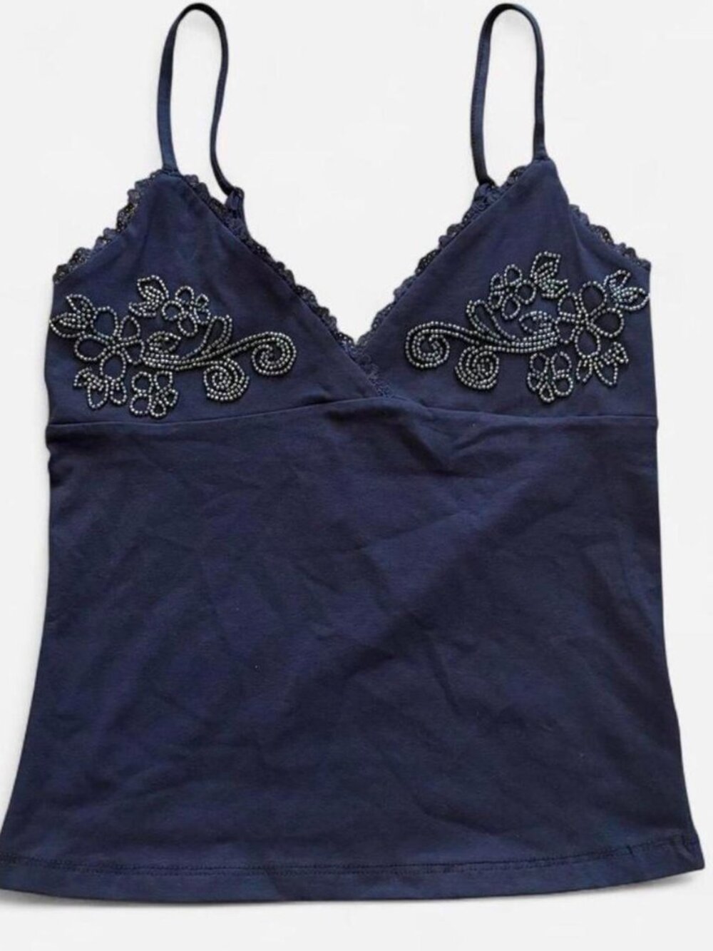 True Y2K 2000’s vintage fairy core bedazzled lace navy cami top